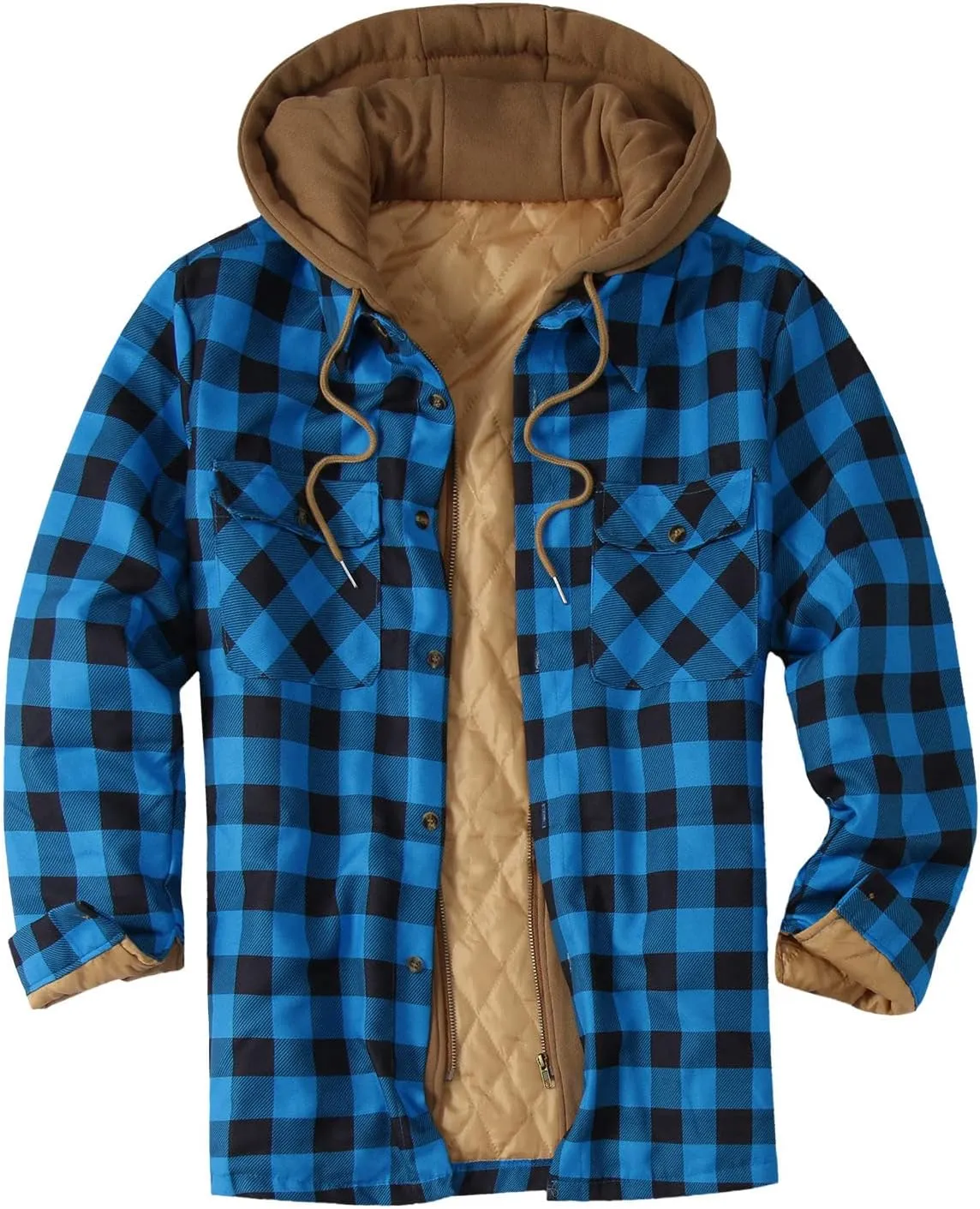 aihihe Men's Hooded Quilted Lined Flannel Shirt Jacket Plus Size Long Sleeve Plaid Zipper Jackets Winter Thermal Outerwear