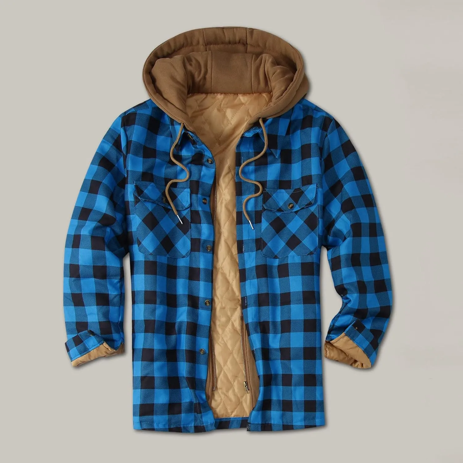 aihihe Men's Hooded Quilted Lined Flannel Shirt Jacket Plus Size Long Sleeve Plaid Zipper Jackets Winter Thermal Outerwear