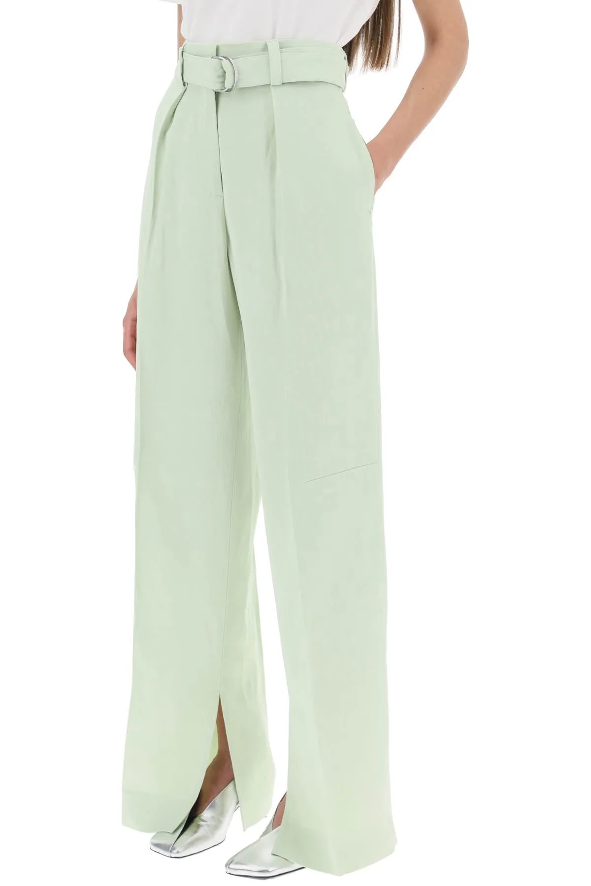 belted linen blend trousers