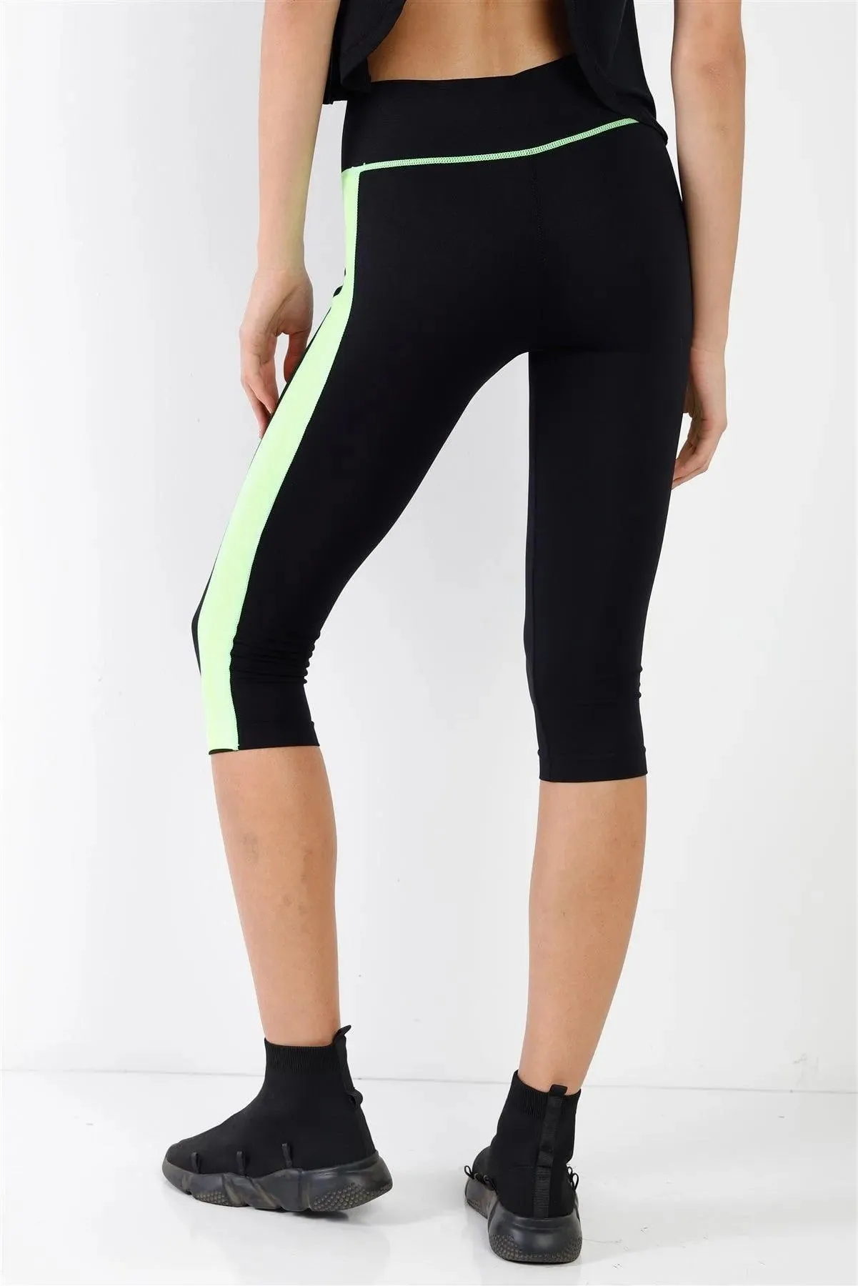 Black Green Contrast Stripe Active Sporty Leggings /5-5