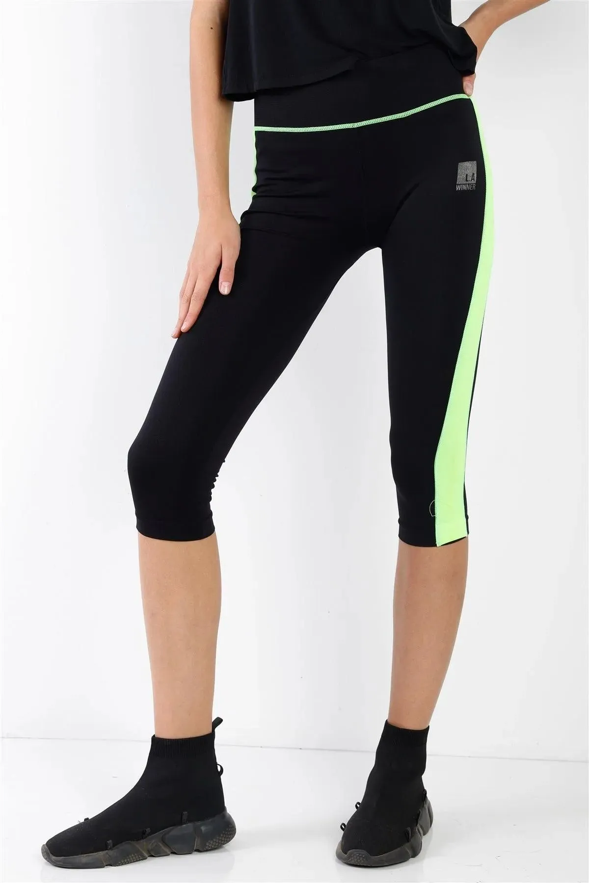 Black Green Contrast Stripe Active Sporty Leggings /5-5