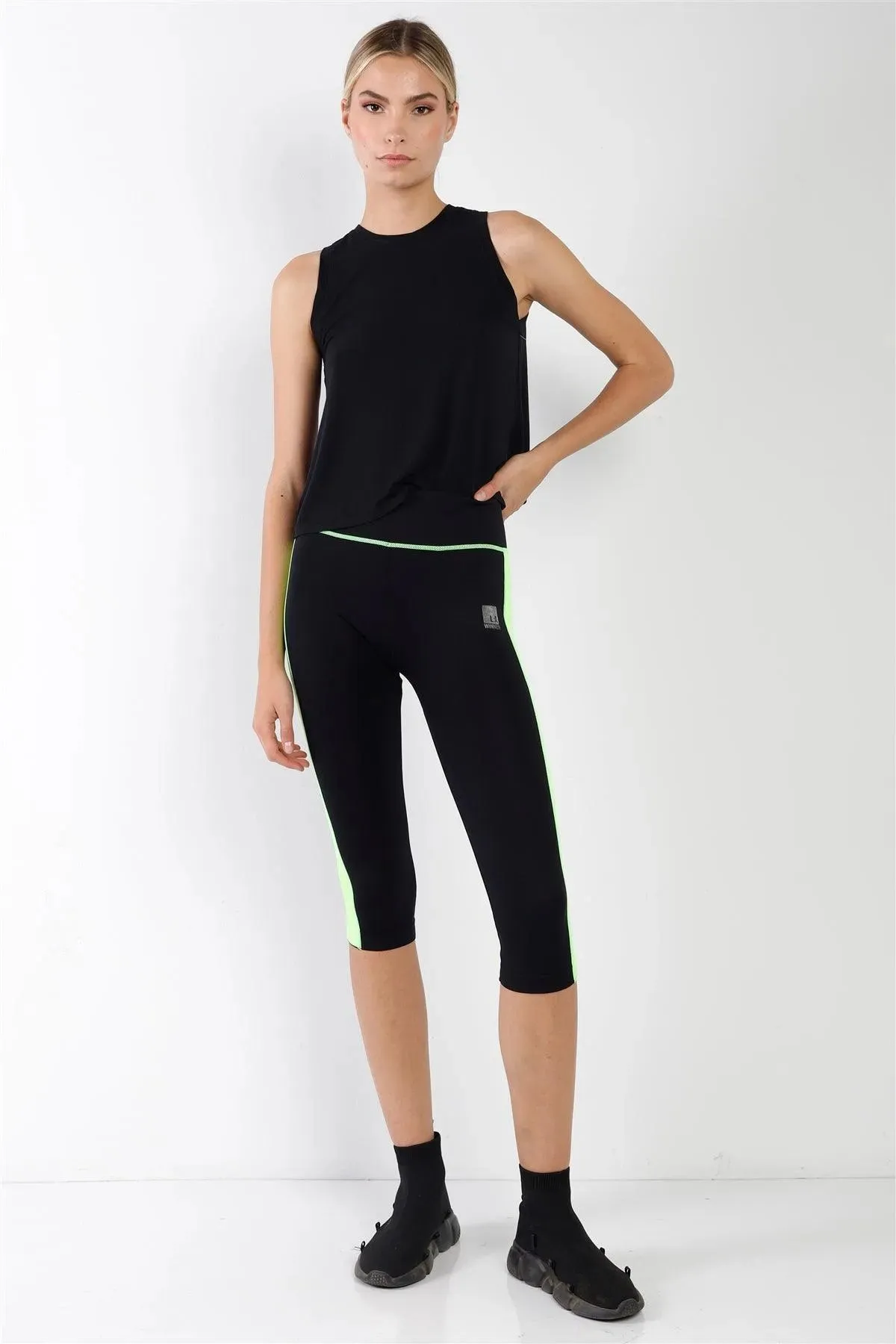 Black Green Contrast Stripe Active Sporty Leggings /5-5