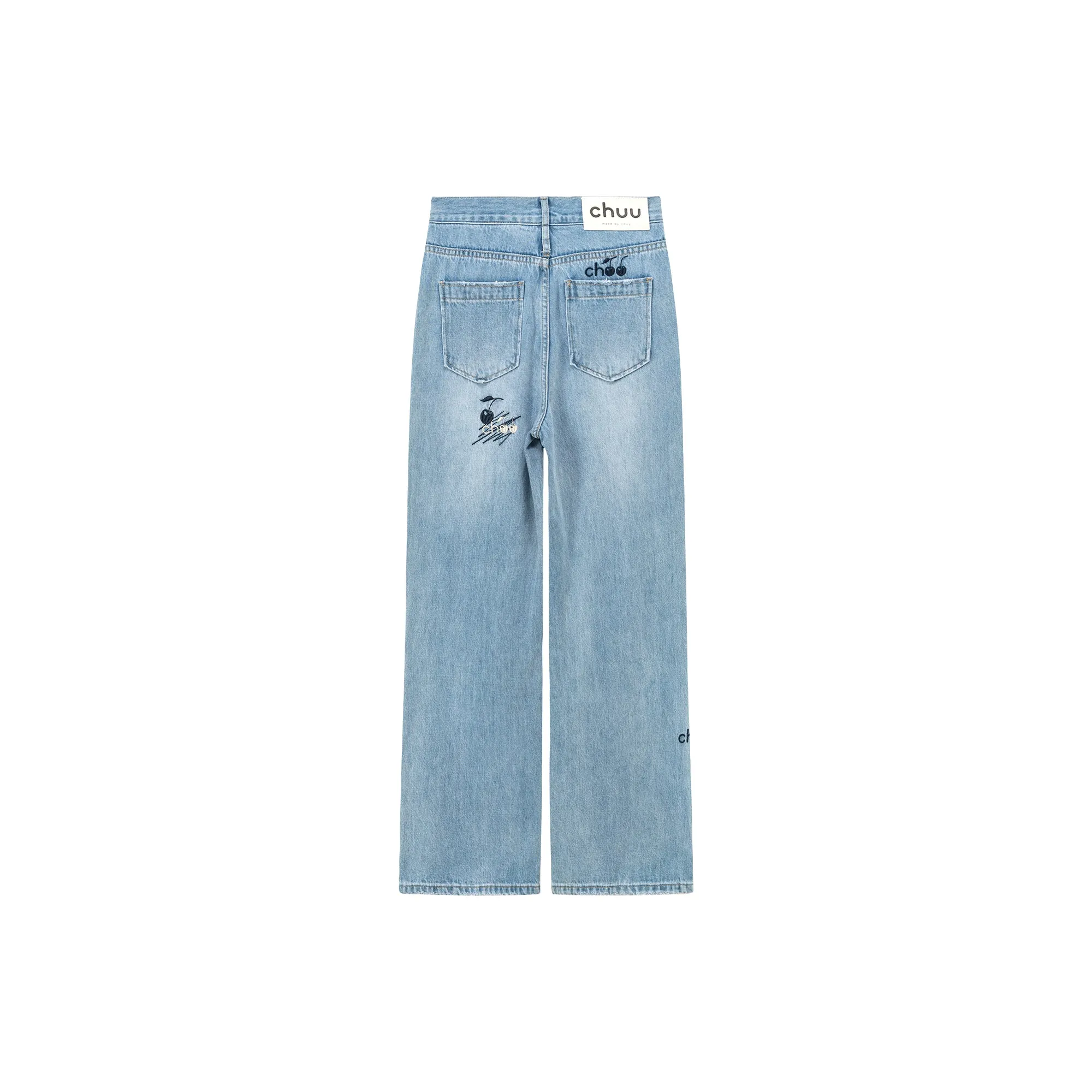 Cherry Letter Embroidered Wide Leg Straight Denim Jeans