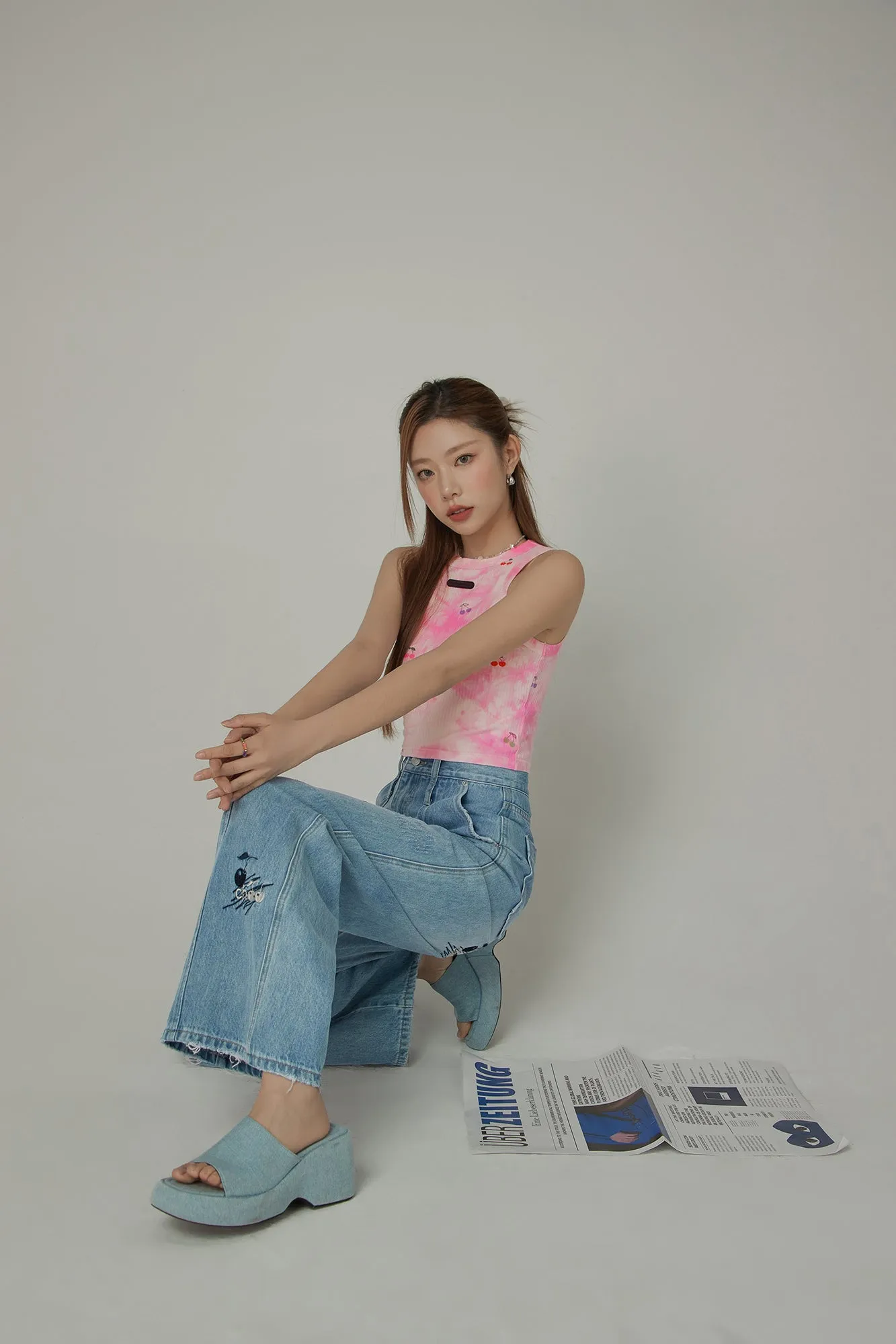Cherry Letter Embroidered Wide Leg Straight Denim Jeans