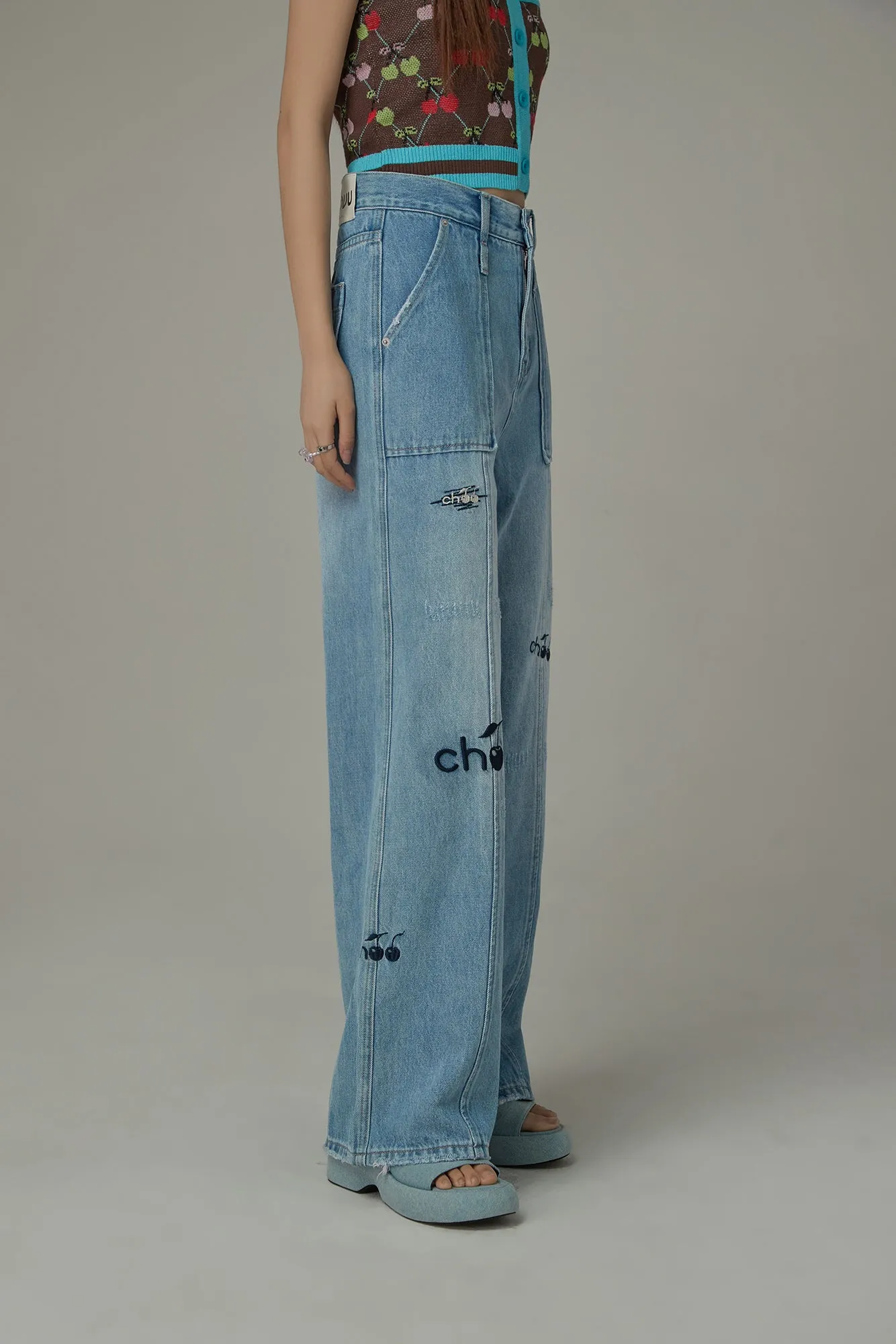 Cherry Letter Embroidered Wide Leg Straight Denim Jeans