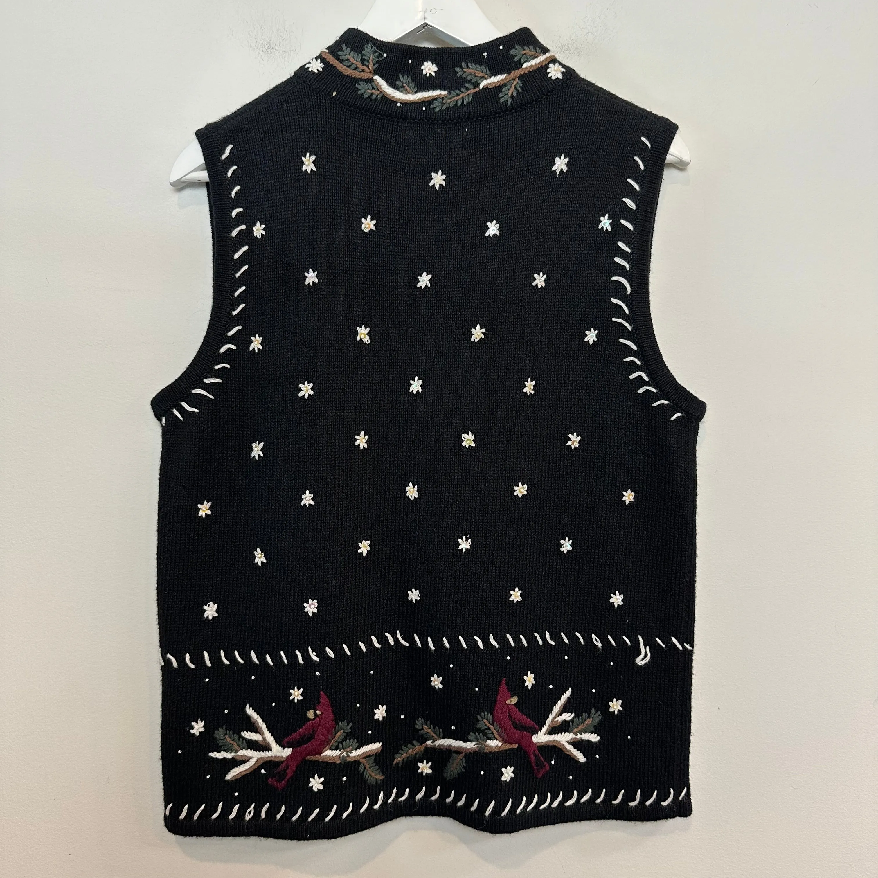 Christopher & Banks Sweater Vest Cardinals Hand Embroidered Black Burgundy Zip M