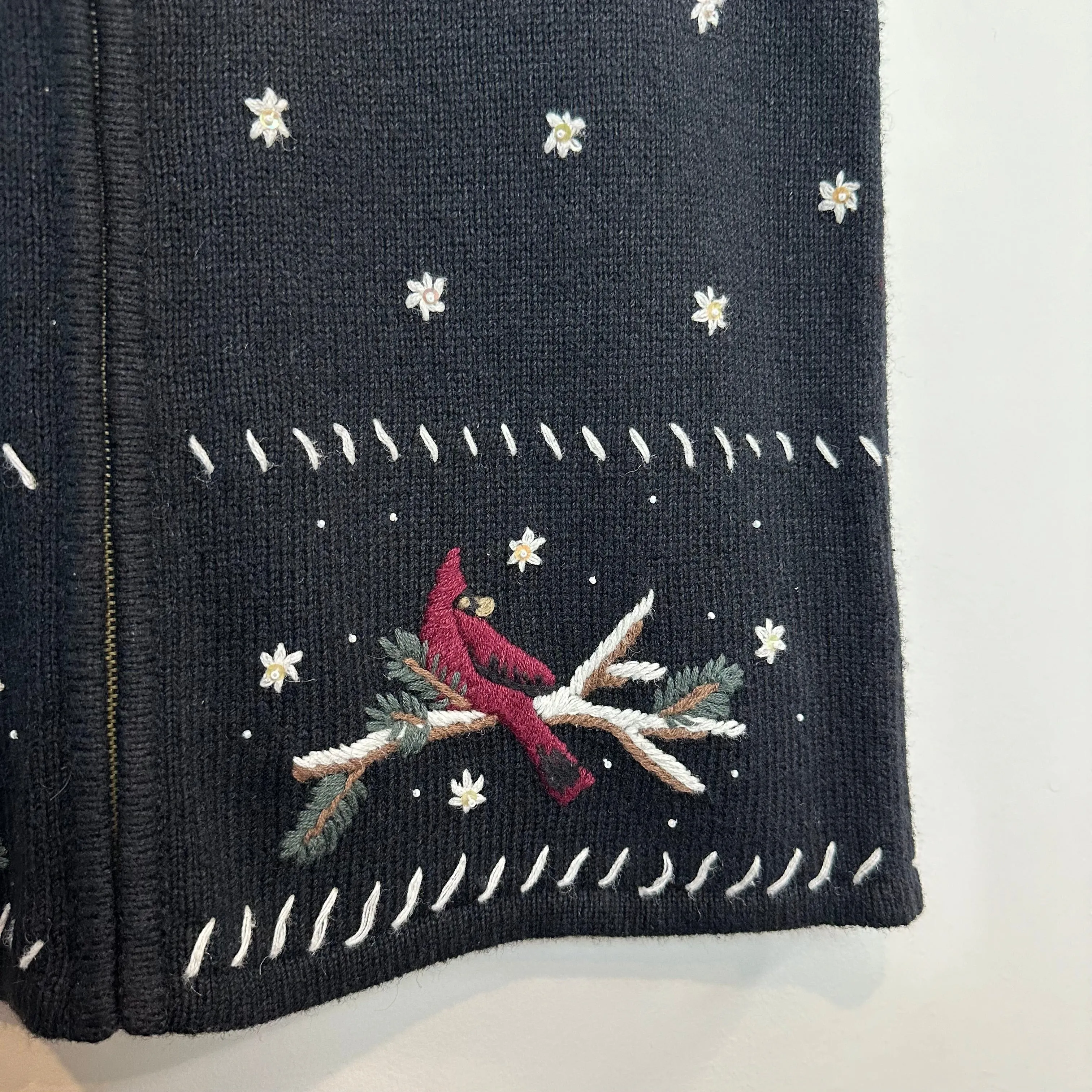 Christopher & Banks Sweater Vest Cardinals Hand Embroidered Black Burgundy Zip M