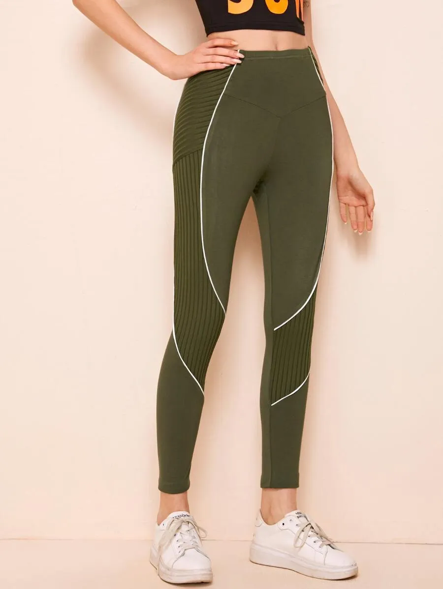 Contrast Piping Ribbed Panel Leggings