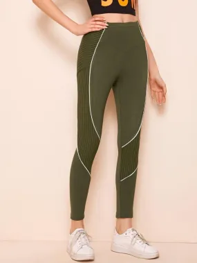 Contrast Piping Ribbed Panel Leggings