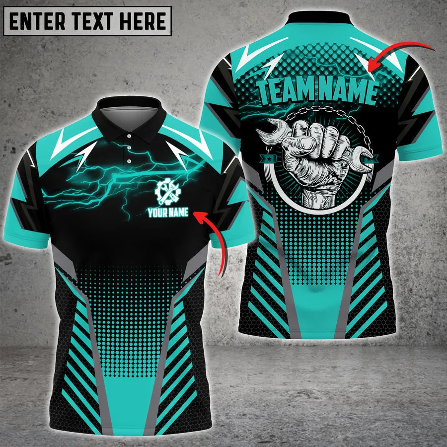 Coolspod Mechanic Thunder Custom Name Team Multi Color Printed 3D Polo Shirt, Gift for Mechanic Men Dad