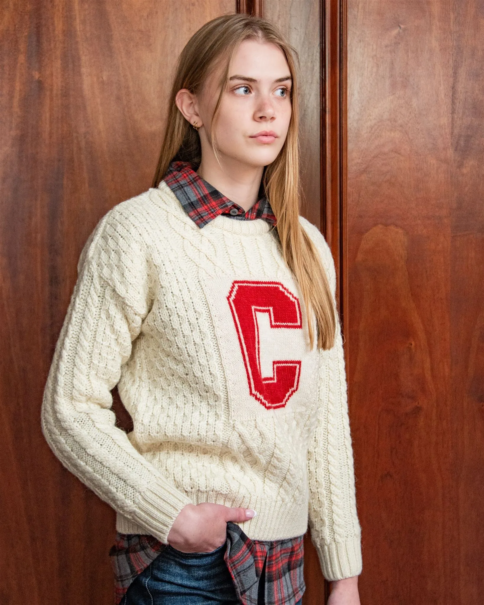 Cornell University Women’s British Wool Crew-Neck Fisherman’s Sweater