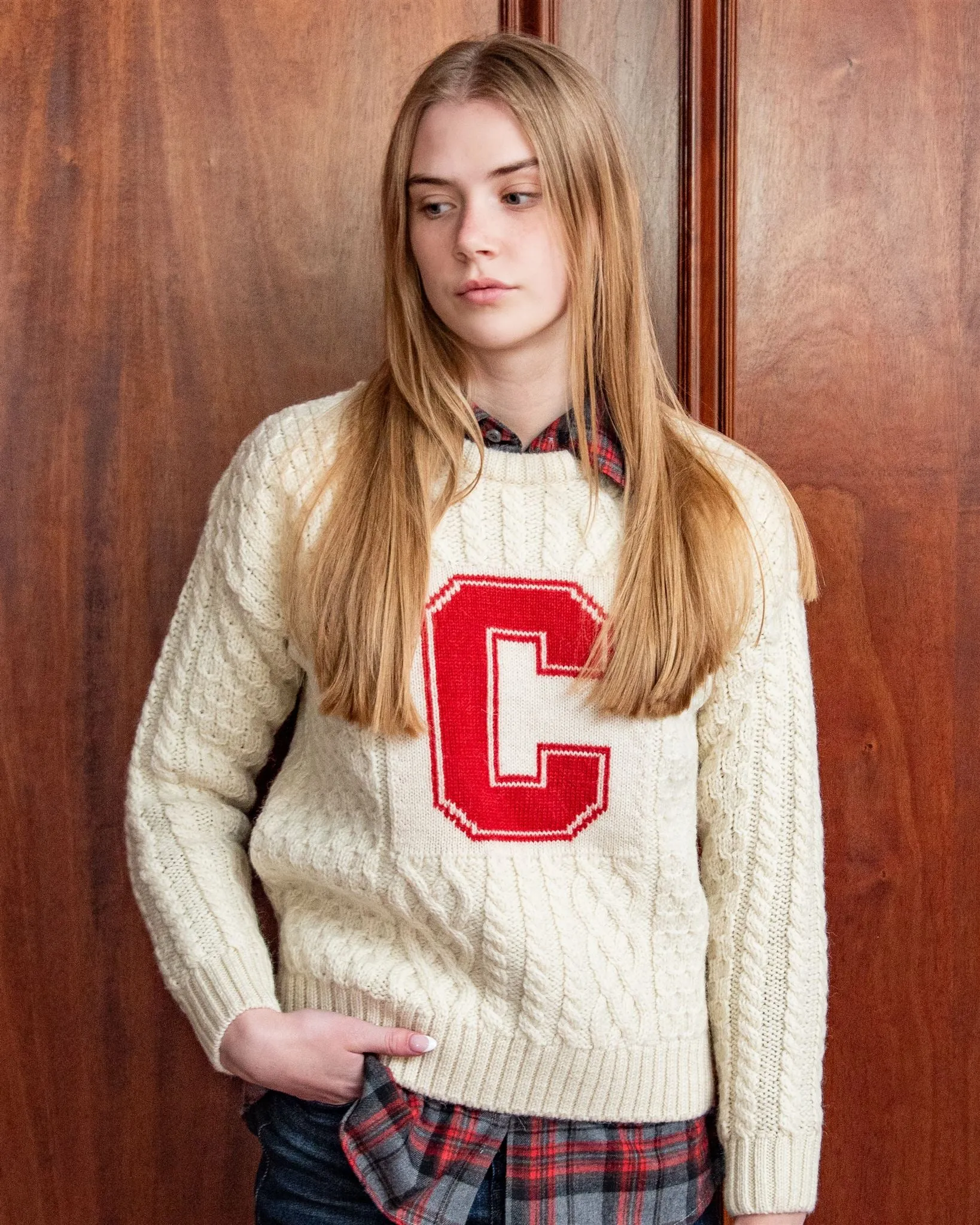 Cornell University Women’s British Wool Crew-Neck Fisherman’s Sweater