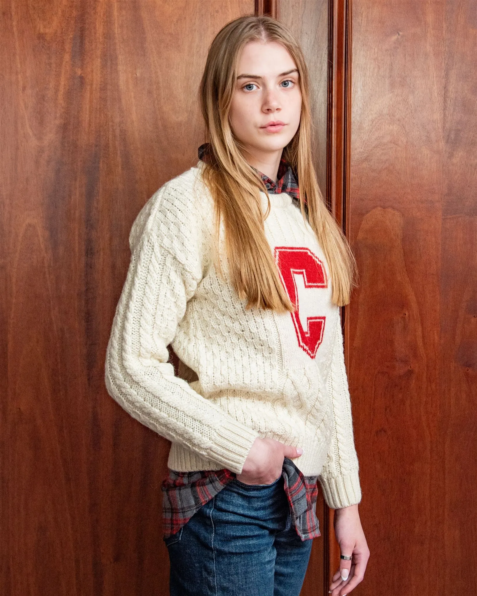 Cornell University Women’s British Wool Crew-Neck Fisherman’s Sweater