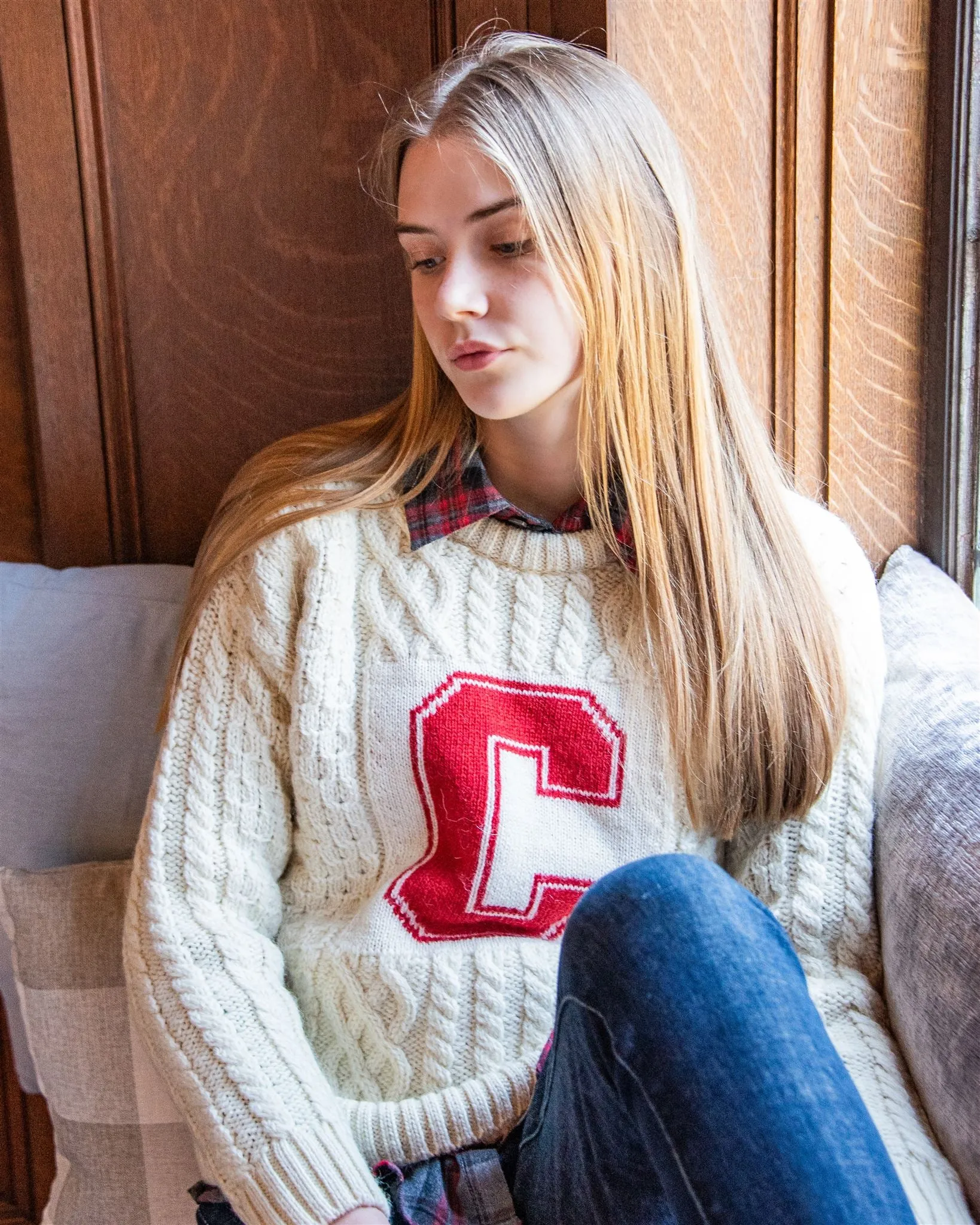 Cornell University Women’s British Wool Crew-Neck Fisherman’s Sweater