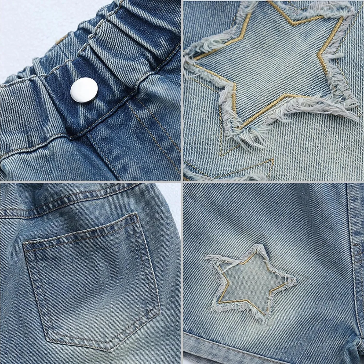 Curipeer Girls Embroidered Star Printed High Waistband Jeans with Pockets 5-14T