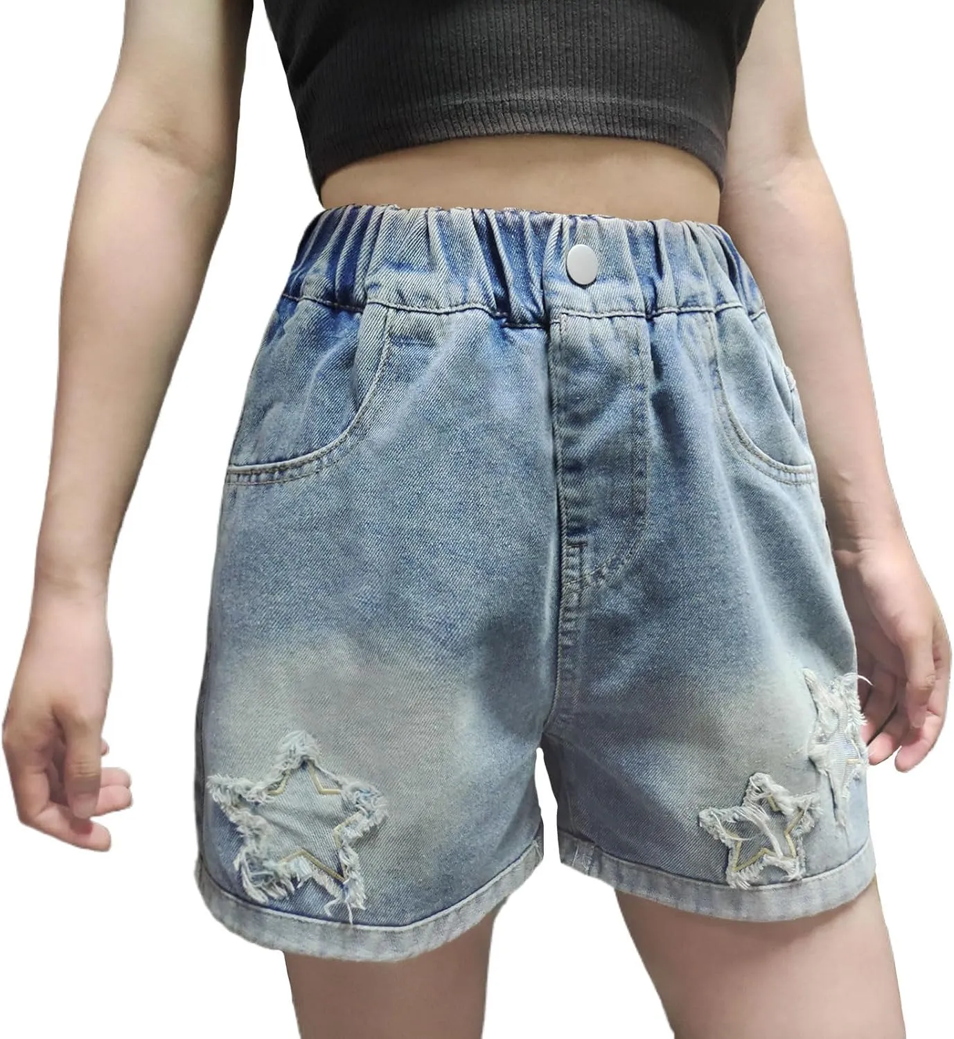 Curipeer Girls Embroidered Star Printed High Waistband Jeans with Pockets 5-14T