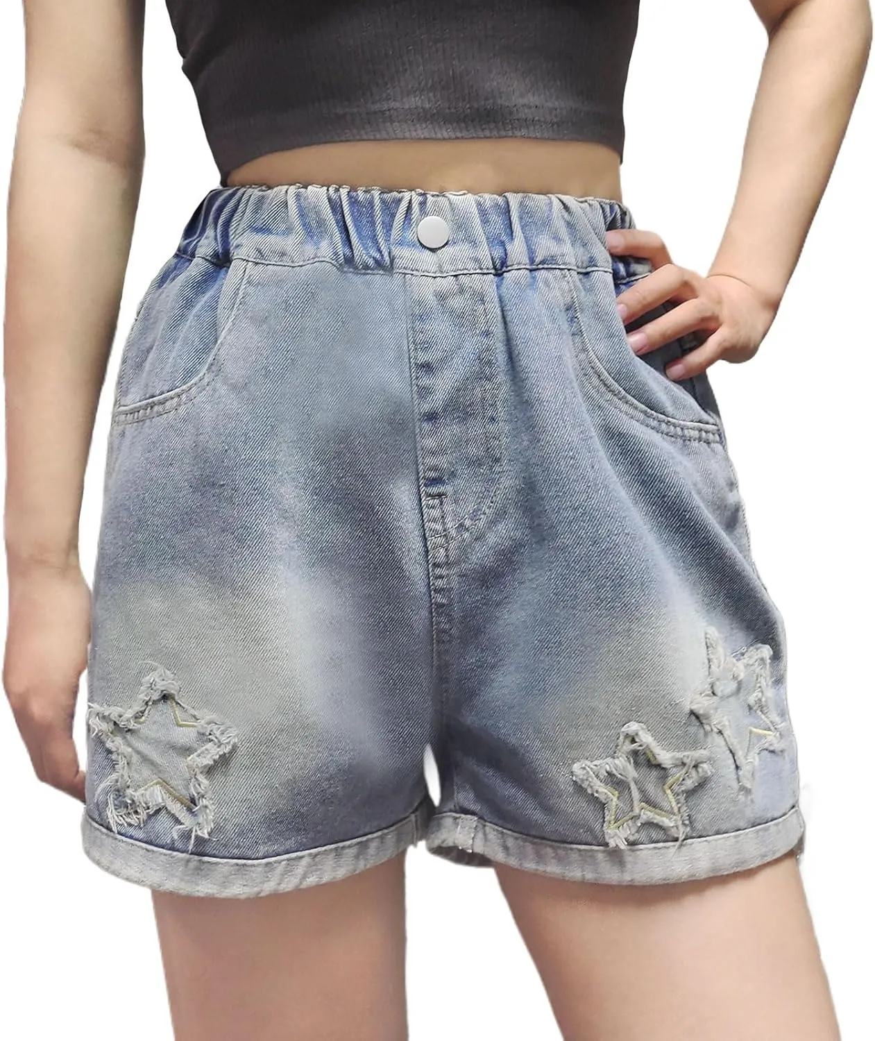 Curipeer Girls Embroidered Star Printed High Waistband Jeans with Pockets 5-14T