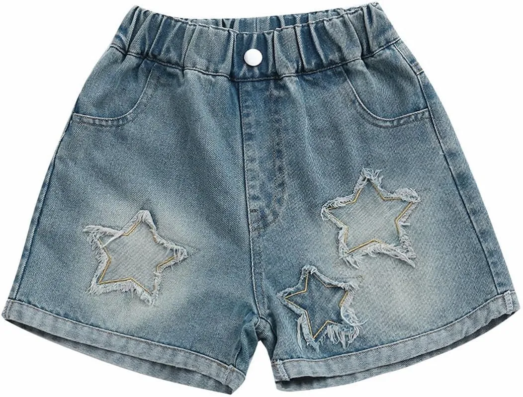 Curipeer Girls Embroidered Star Printed High Waistband Jeans with Pockets 5-14T