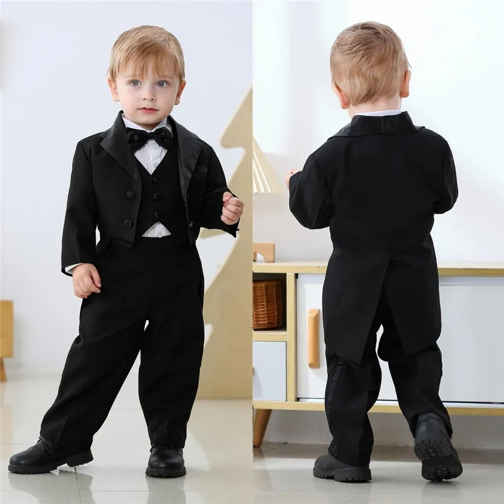 Dressy Daisy Baby Boy Tuxedo 5 Pieces Set Formal Dress Suit Gentleman Tux Wedding Outfit Black White Ivory