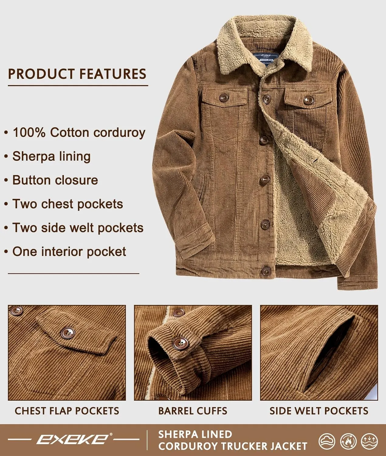 EXEKE Men's Corduroy Jacket Sherpa Lined Trucker Jacket Thickened Thermal Winter Jacket