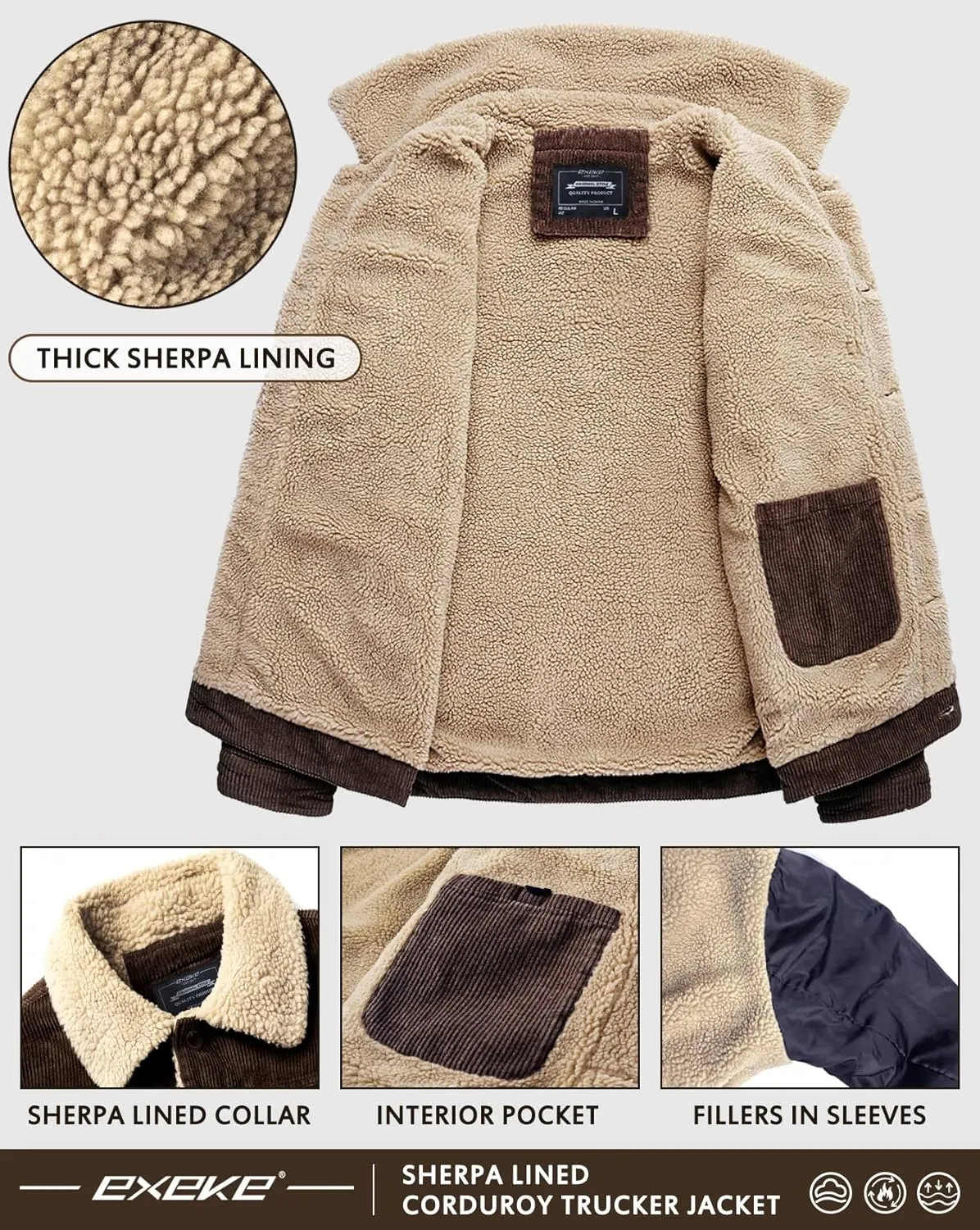 EXEKE Men's Corduroy Jacket Sherpa Lined Trucker Jacket Thickened Thermal Winter Jacket