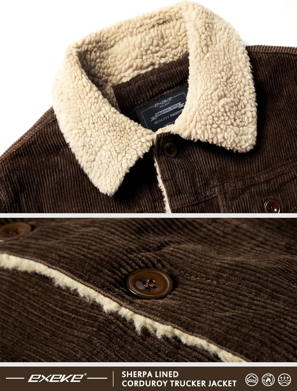 EXEKE Men's Corduroy Jacket Sherpa Lined Trucker Jacket Thickened Thermal Winter Jacket
