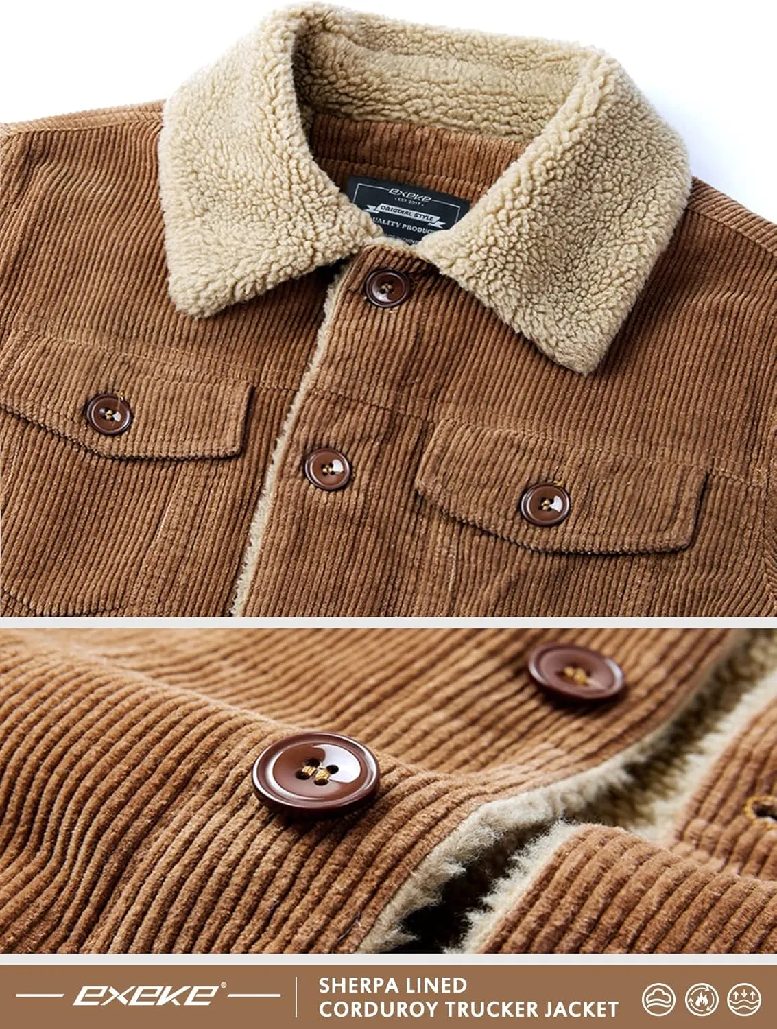 EXEKE Men's Corduroy Jacket Sherpa Lined Trucker Jacket Thickened Thermal Winter Jacket