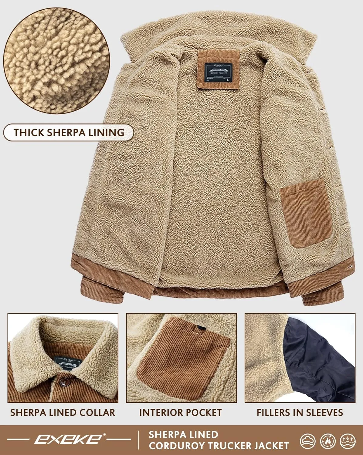 EXEKE Men's Corduroy Jacket Sherpa Lined Trucker Jacket Thickened Thermal Winter Jacket