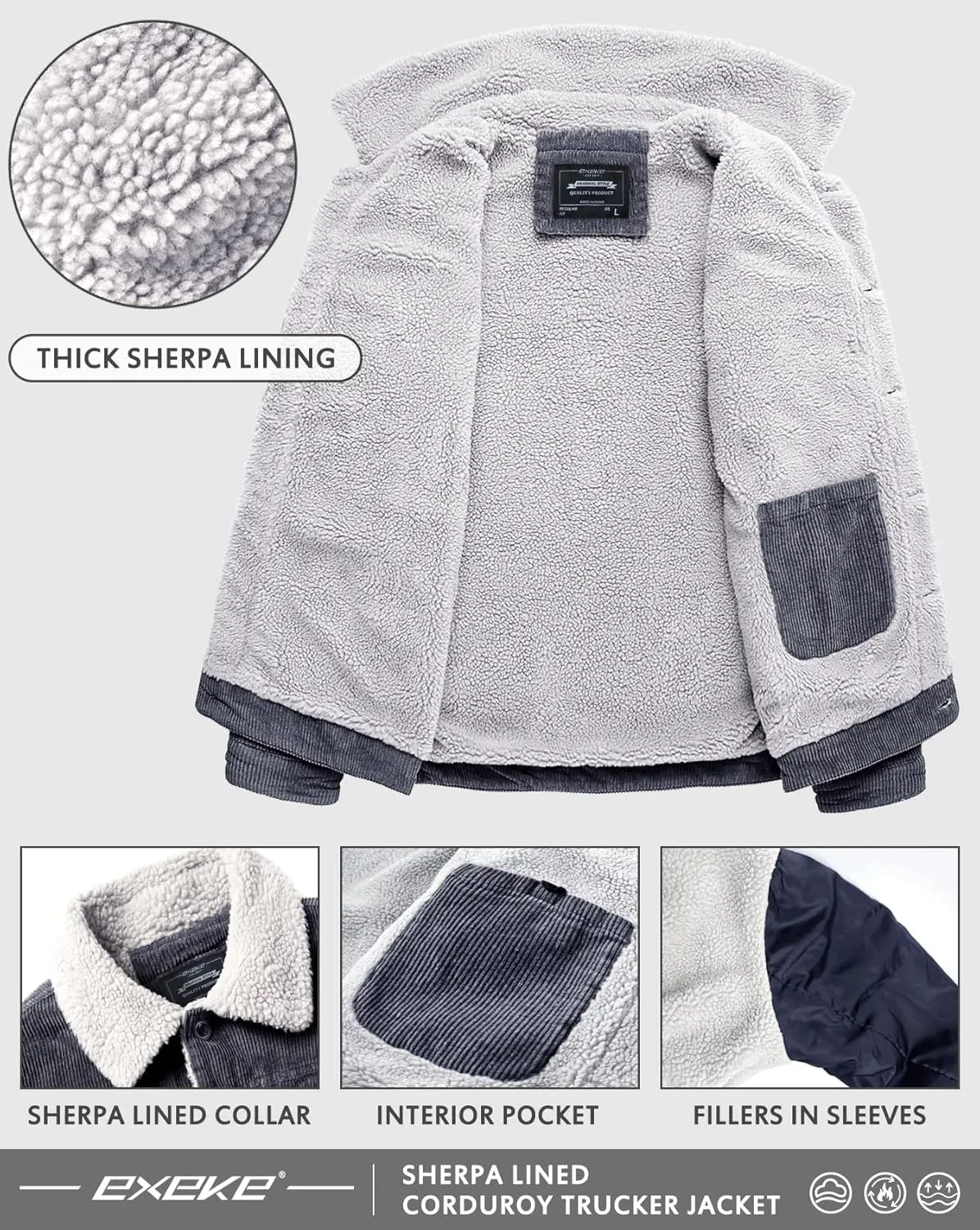 EXEKE Men's Corduroy Jacket Sherpa Lined Trucker Jacket Thickened Thermal Winter Jacket