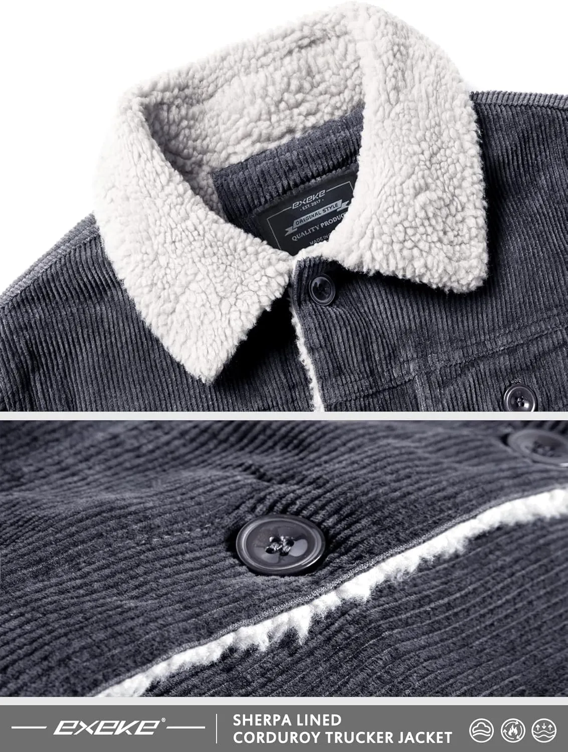 EXEKE Men's Corduroy Jacket Sherpa Lined Trucker Jacket Thickened Thermal Winter Jacket