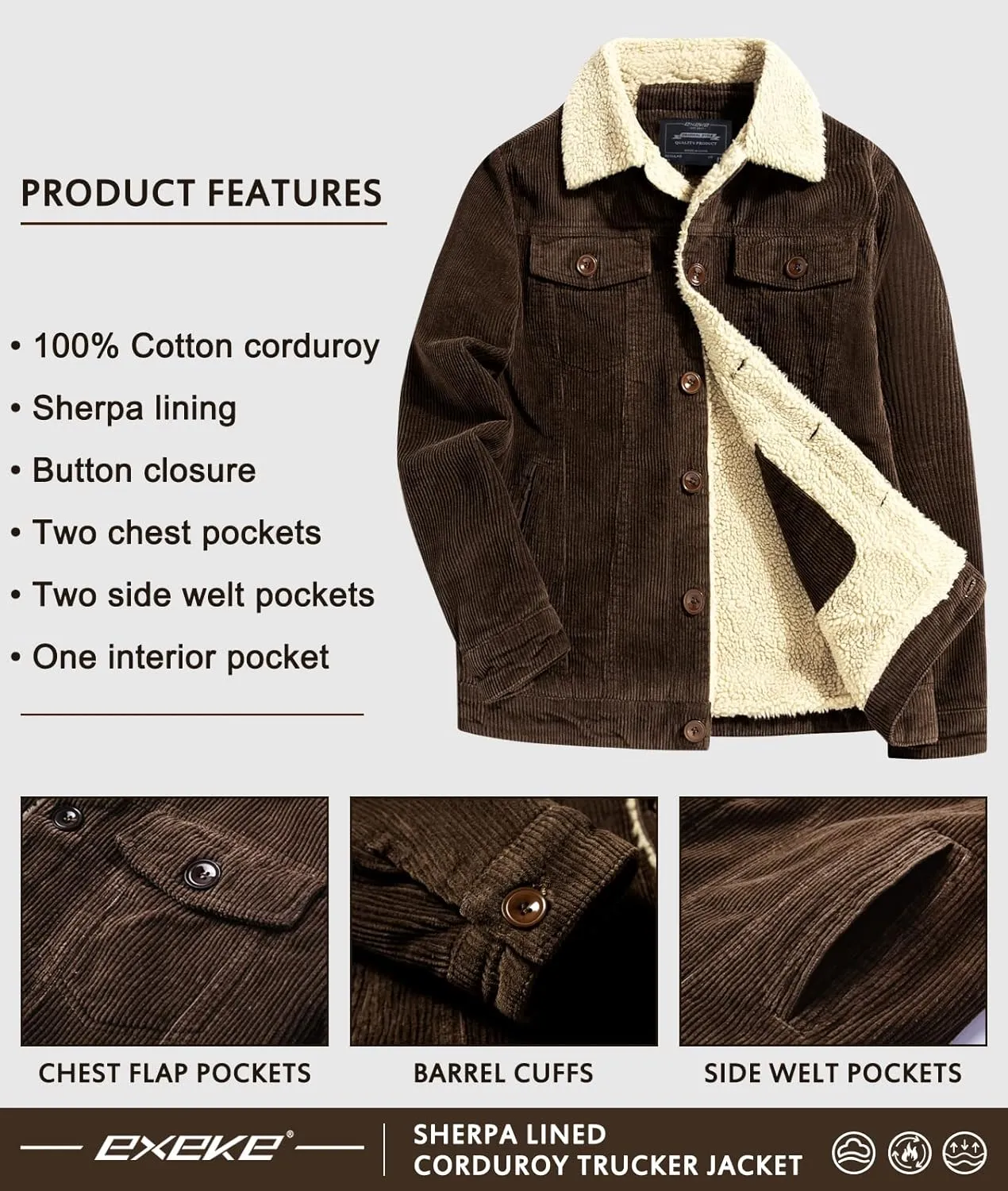 EXEKE Men's Corduroy Jacket Sherpa Lined Trucker Jacket Thickened Thermal Winter Jacket
