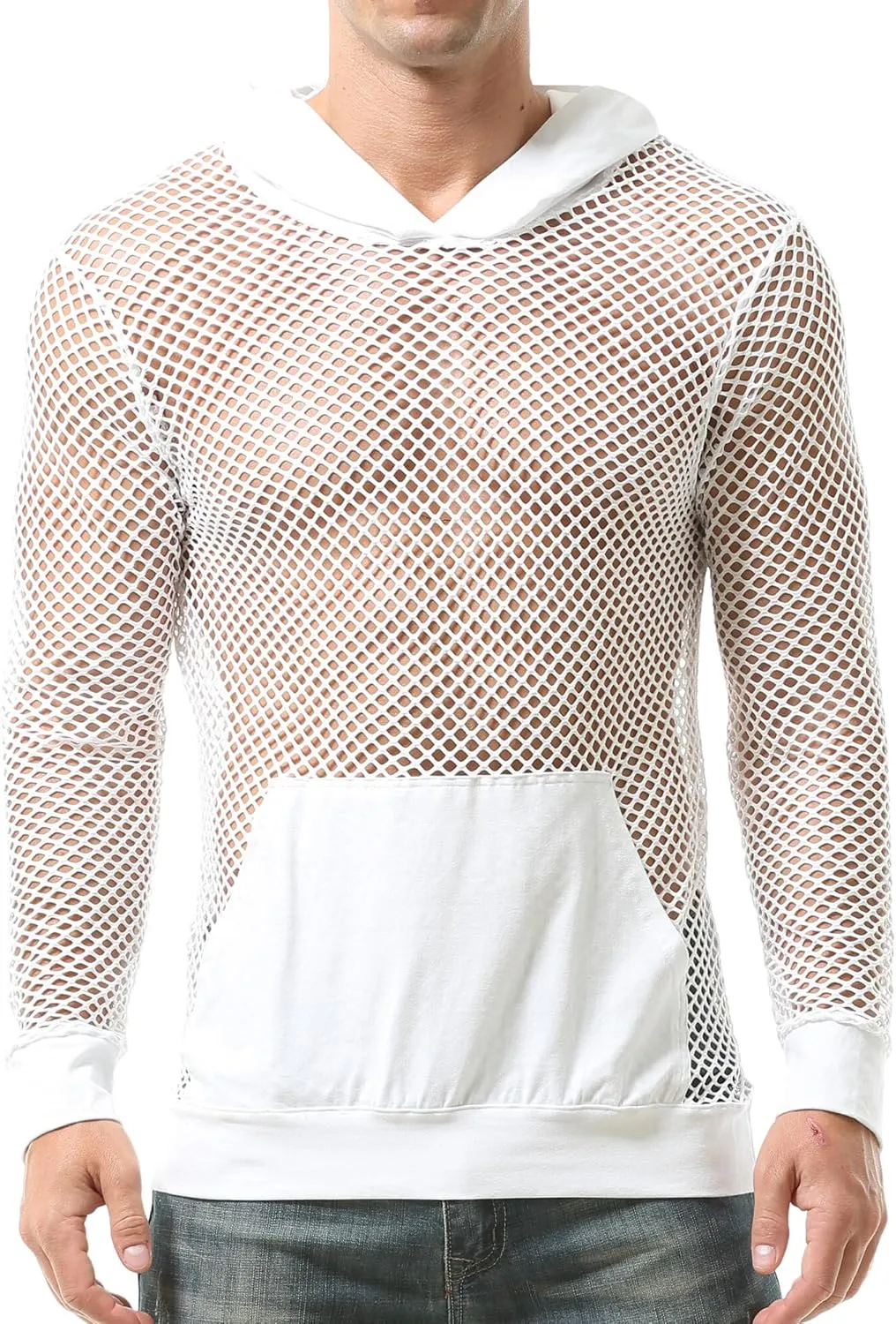 FEOYA Men Fishnet Top Sheer See Through Hoodie Mesh Club Workout Shirts Pullover