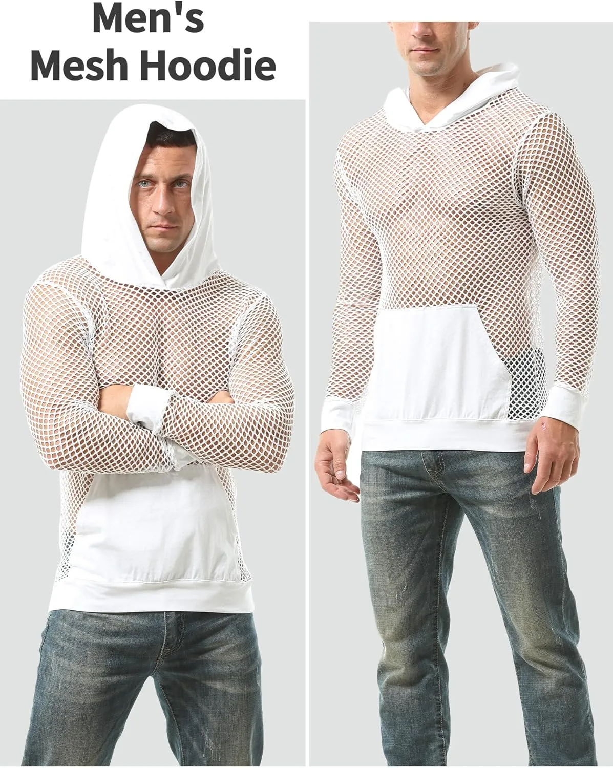 FEOYA Men Fishnet Top Sheer See Through Hoodie Mesh Club Workout Shirts Pullover