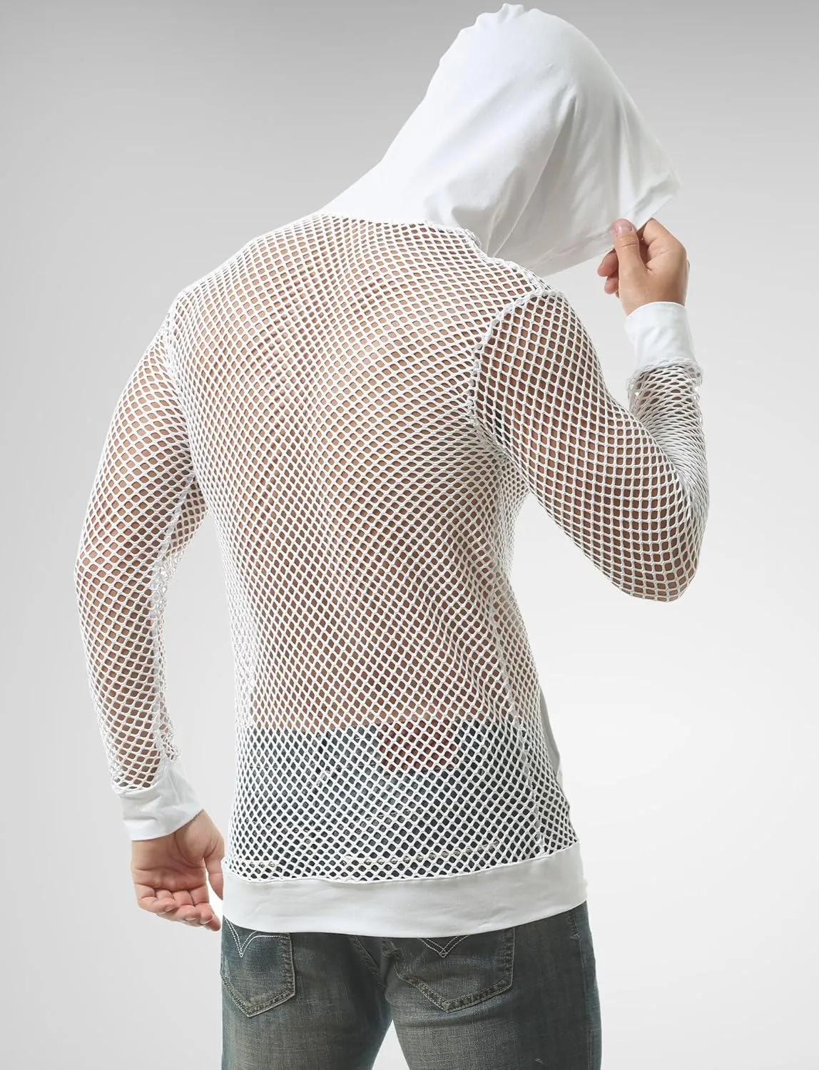 FEOYA Men Fishnet Top Sheer See Through Hoodie Mesh Club Workout Shirts Pullover