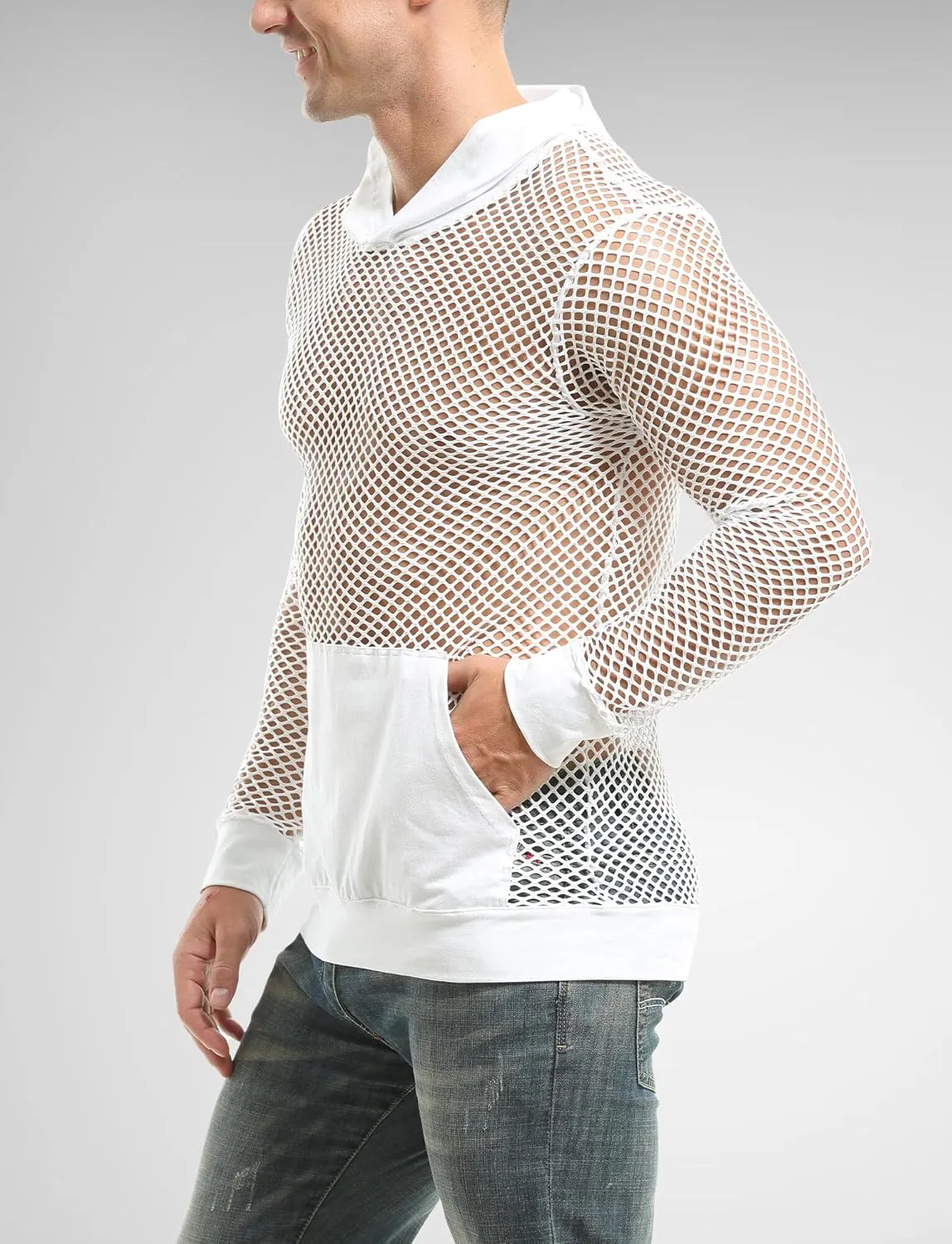 FEOYA Men Fishnet Top Sheer See Through Hoodie Mesh Club Workout Shirts Pullover
