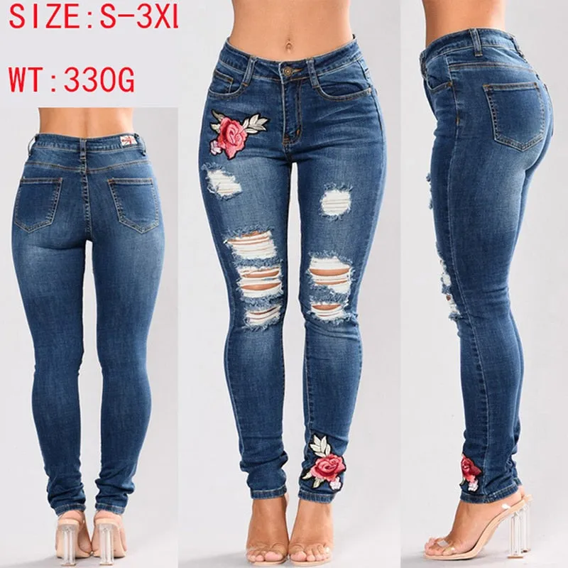 Flower Embroidered Ripped Jeans
