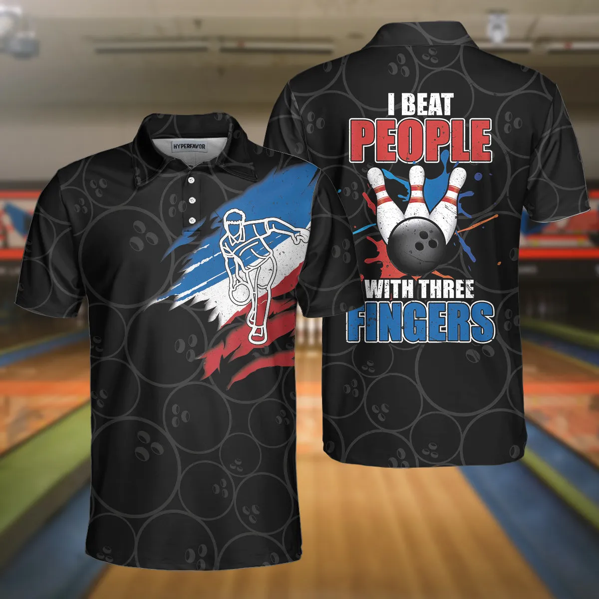 I Beat People With Three Fingers Bowling Polo Shirt, Black Polo Style Bowling Shirt For Men, Bowling Gift Idea Coolspod