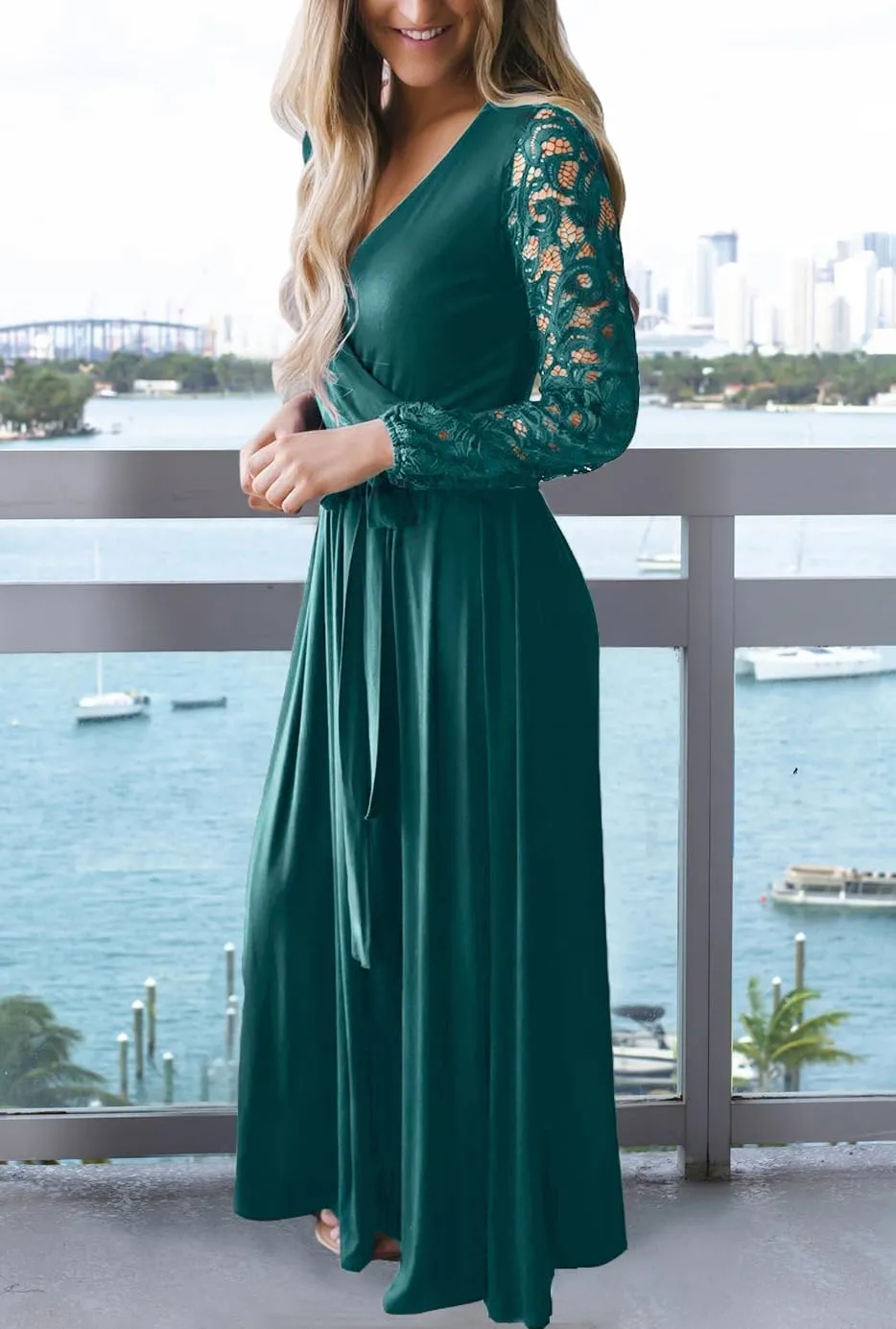 Kranda Womens Vintage Floral Lace Long Sleeve Faux Wrap V Neck Party Long Maxi Dress