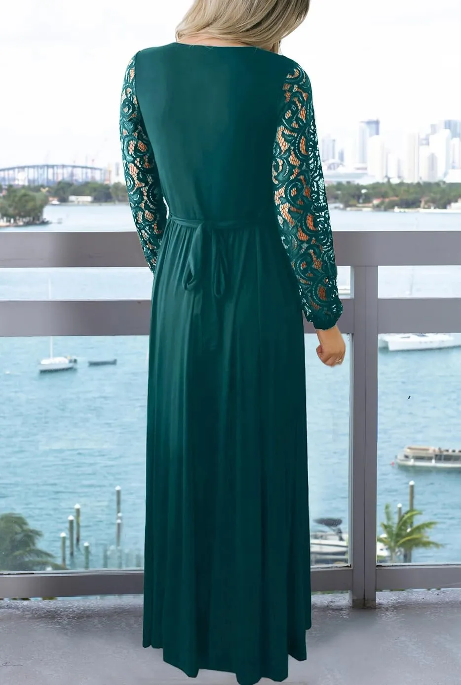 Kranda Womens Vintage Floral Lace Long Sleeve Faux Wrap V Neck Party Long Maxi Dress
