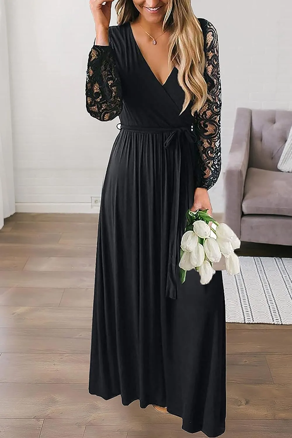 Kranda Womens Vintage Floral Lace Long Sleeve Faux Wrap V Neck Party Long Maxi Dress