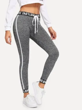 Letter Taped Drawstring Waist Leggings