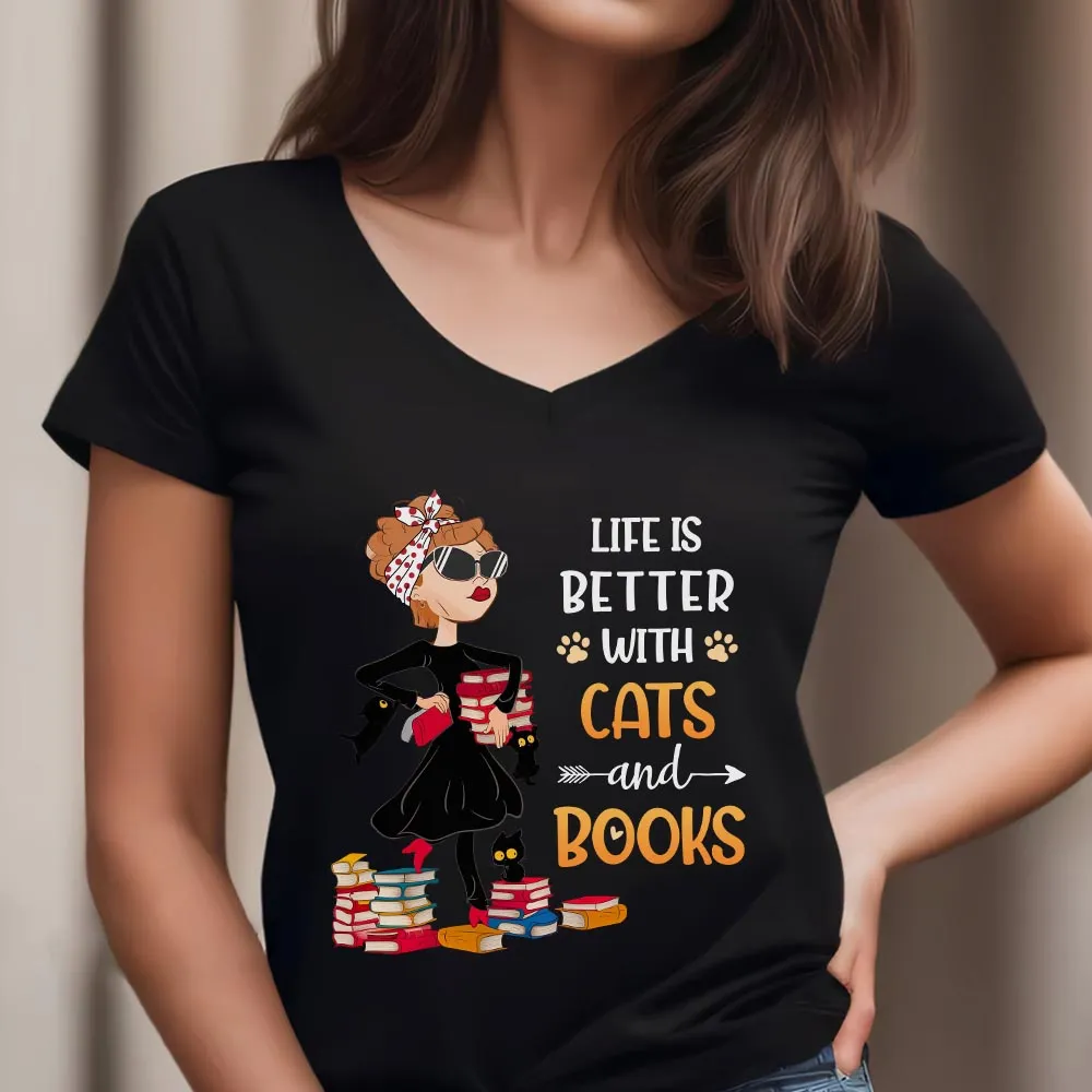 Life Is Better With Cats And Books Book Lovers Gift Women's V-neck T-shirt TSVB476