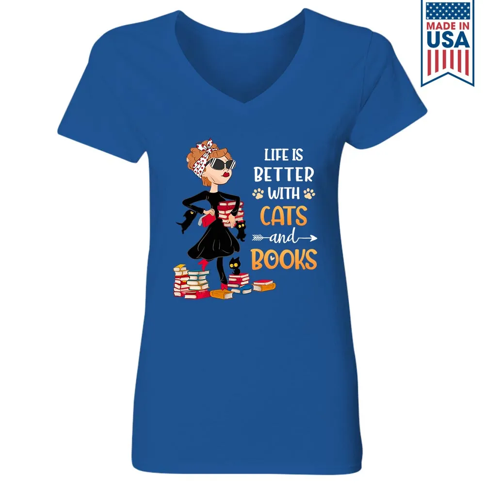 Life Is Better With Cats And Books Book Lovers Gift Women's V-neck T-shirt TSVB476