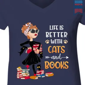 Life Is Better With Cats And Books Book Lovers Gift Women's V-neck T-shirt TSVB476