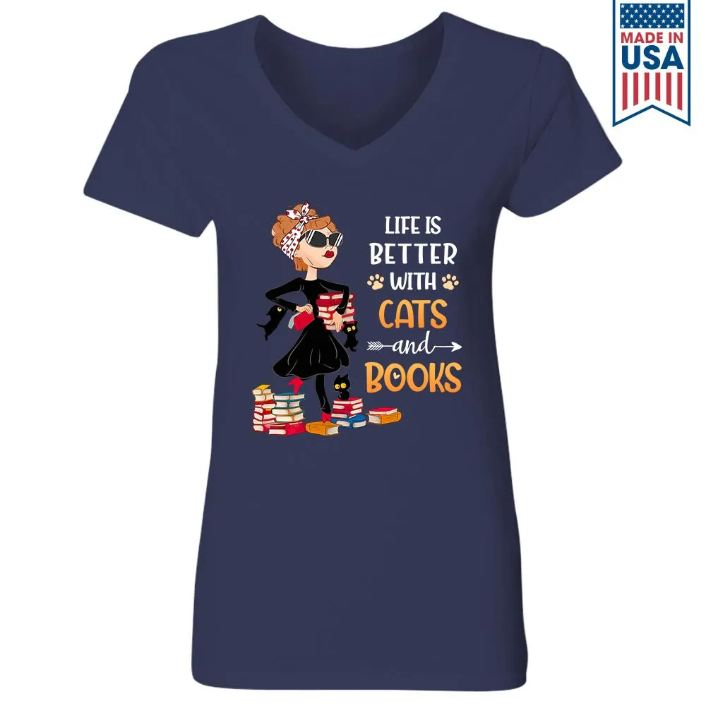 Life Is Better With Cats And Books Book Lovers Gift Women's V-neck T-shirt TSVB476