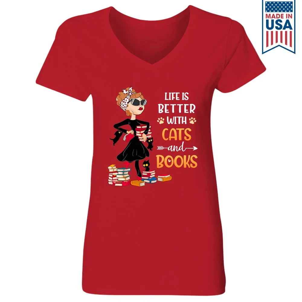 Life Is Better With Cats And Books Book Lovers Gift Women's V-neck T-shirt TSVB476