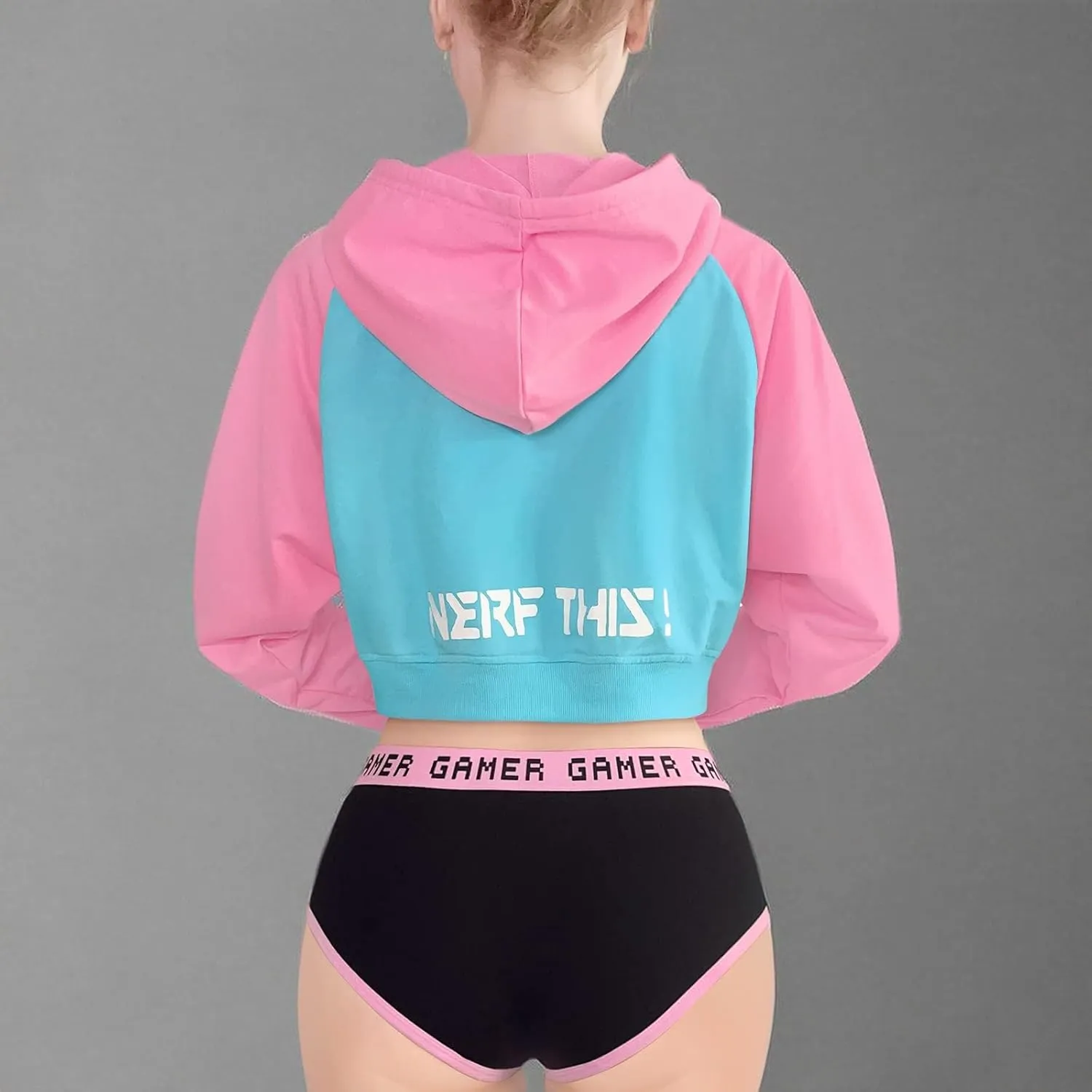 Littleforbig Women's Bunnywatch Cosplay Gaming Casual Regular Fit Long Sleeve Drawstring Cropped Hoodie Sweater Pink