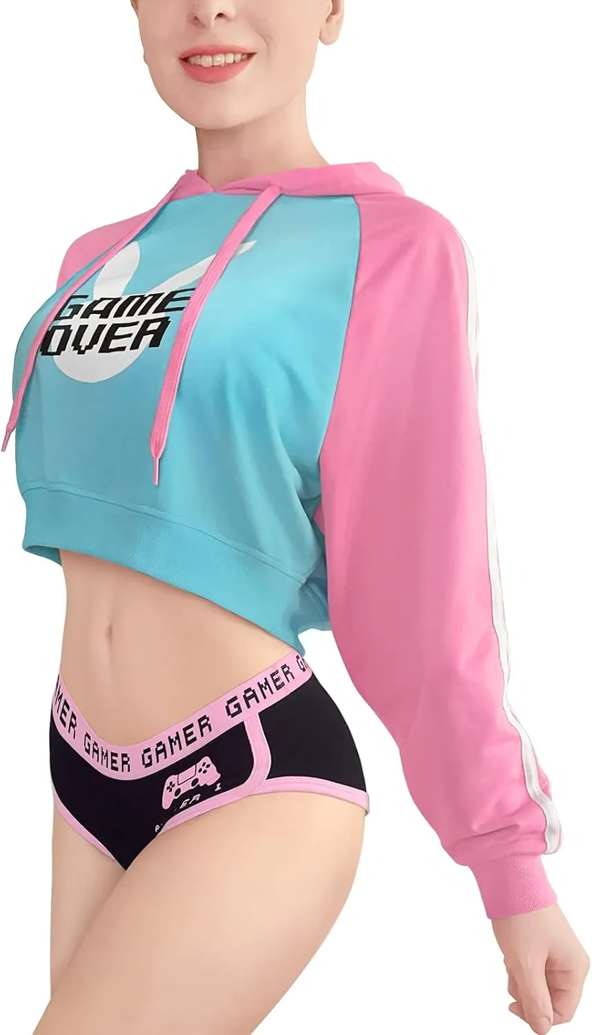 Littleforbig Women's Bunnywatch Cosplay Gaming Casual Regular Fit Long Sleeve Drawstring Cropped Hoodie Sweater Pink