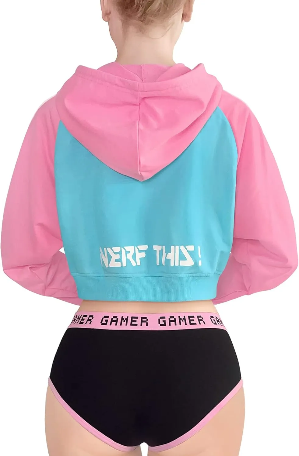 Littleforbig Women's Bunnywatch Cosplay Gaming Casual Regular Fit Long Sleeve Drawstring Cropped Hoodie Sweater Pink