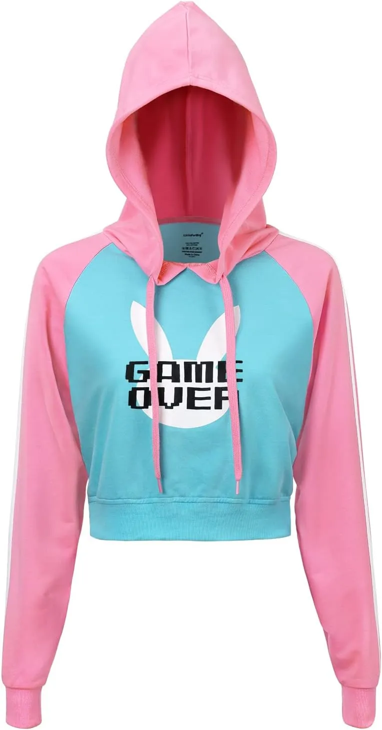 Littleforbig Women's Bunnywatch Cosplay Gaming Casual Regular Fit Long Sleeve Drawstring Cropped Hoodie Sweater Pink